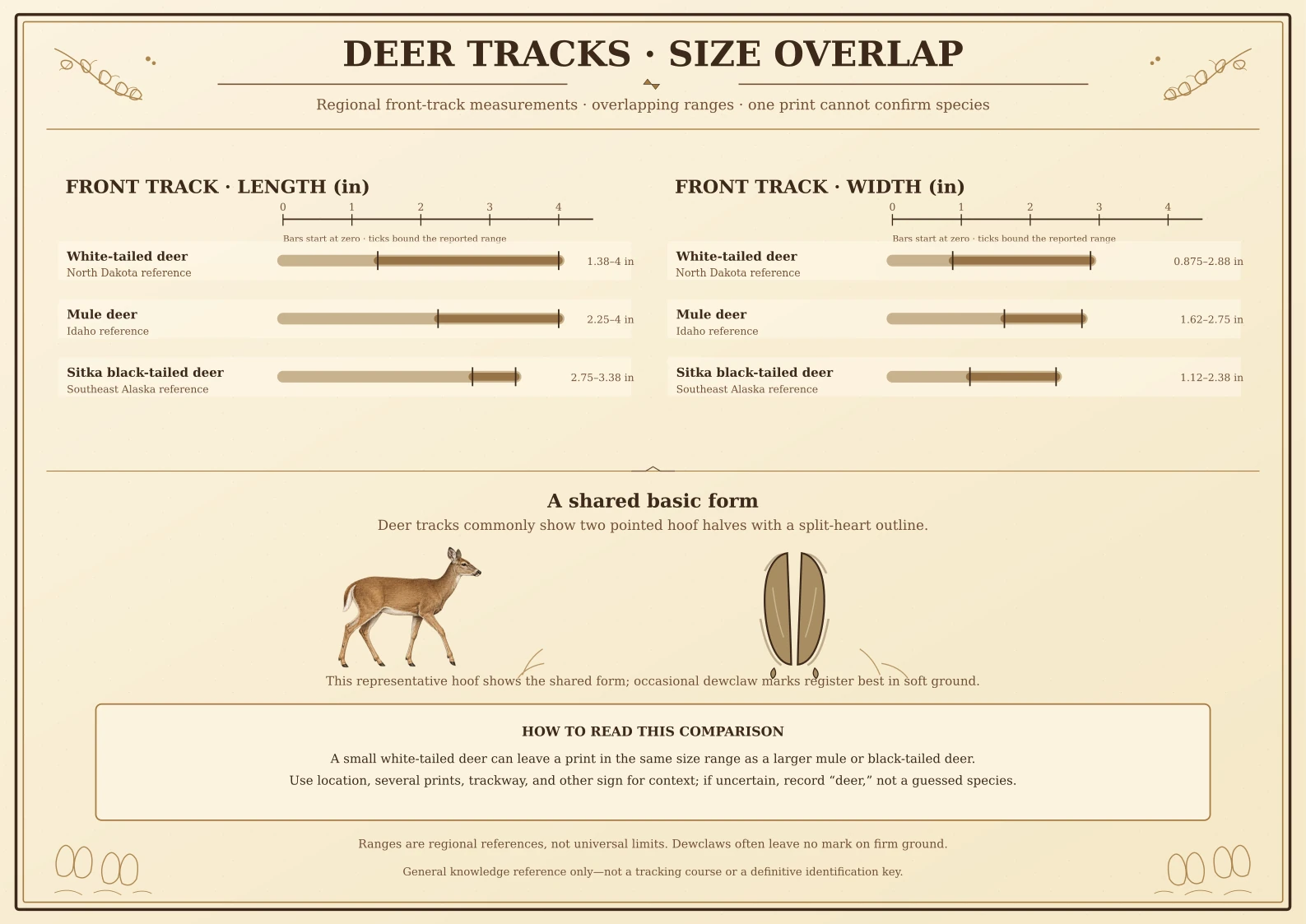 Deer Tracks · Size Overlap plate comparing regional front-track length and width ranges for white-tailed deer, mule deer and Sitka black-tailed deer, with a shared hoof-form illustration and corrected North Dakota source attribution.