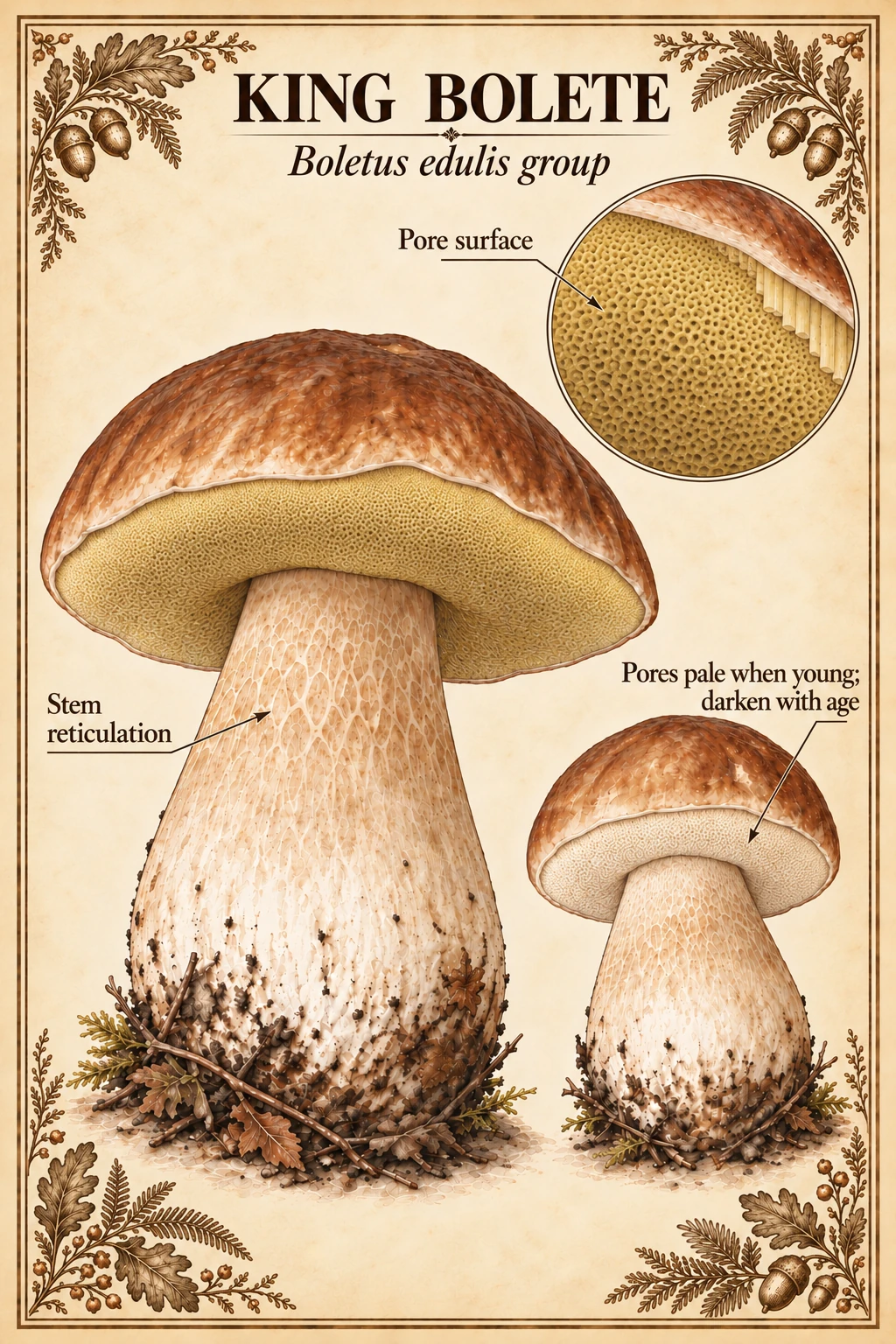 Victorian botanical plate titled King Bolete, Boletus edulis group, showing two brown-capped mushrooms with a pore-surface inset and labels for stem reticulation and pores that darken with age.