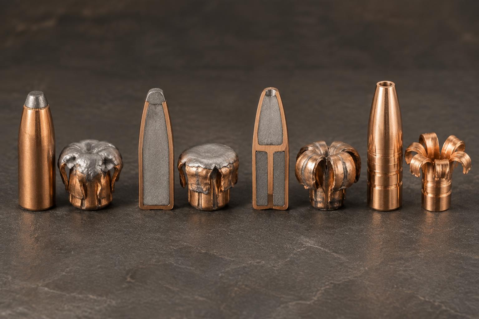Clean comparison of traditional, bonded, partition, and all-copper hunting bullets beside examples of their expanded shapes