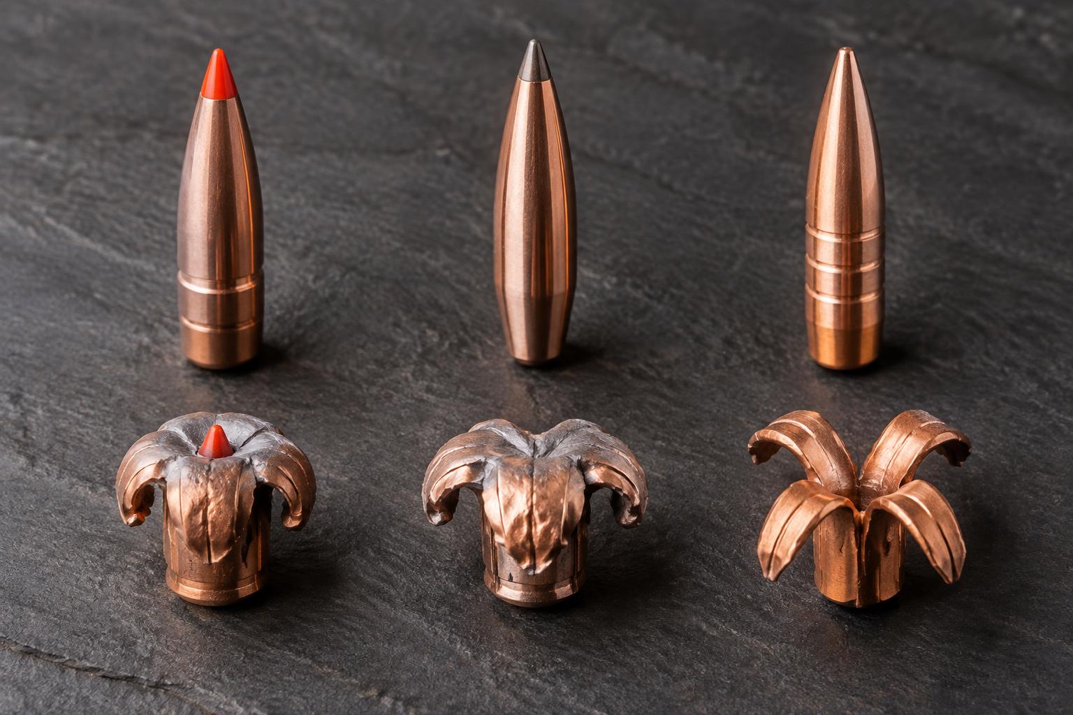 Clean comparison of modern tipped, hybrid, and all-copper bullets before and after controlled expansion testing