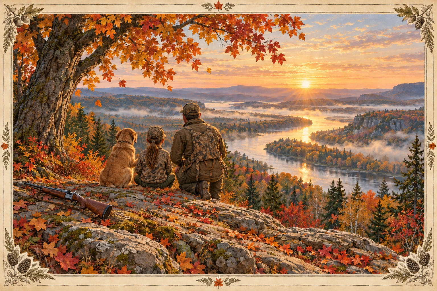 Autumn sunset painting in a square-corner parchment frame: a hunter, a little girl with a brown ponytail and a golden dog sit together on a rocky bluff under a maple tree, looking out over a misty river valley.