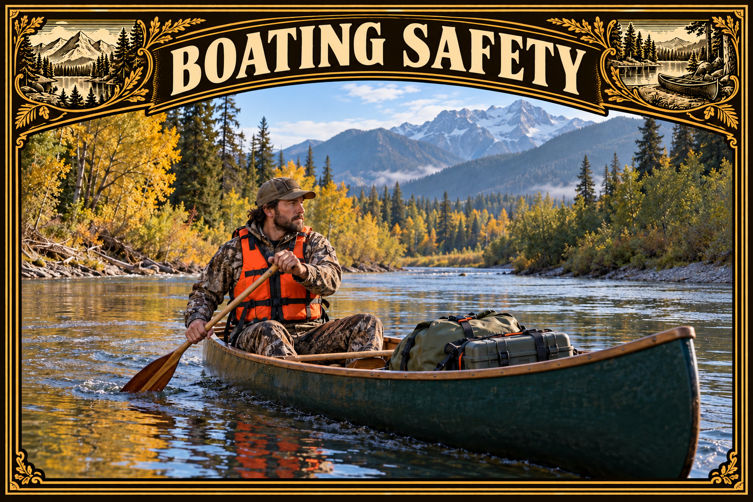 Painted scene in a brown-and-gold engraved frame titled Boating Safety: a hunter wearing an orange personal flotation device paddles a loaded green canoe on a calm mountain river lined with autumn forest.