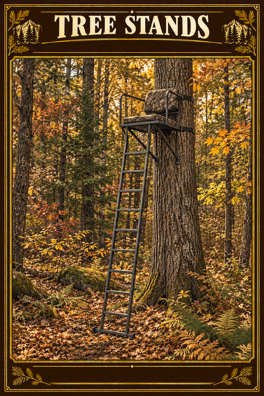 Empty ladder-style tree stand against a large tree in autumn woodland, in a brown-and-gold engraved frame with an arched Tree Stands title and scenic corner vignettes.