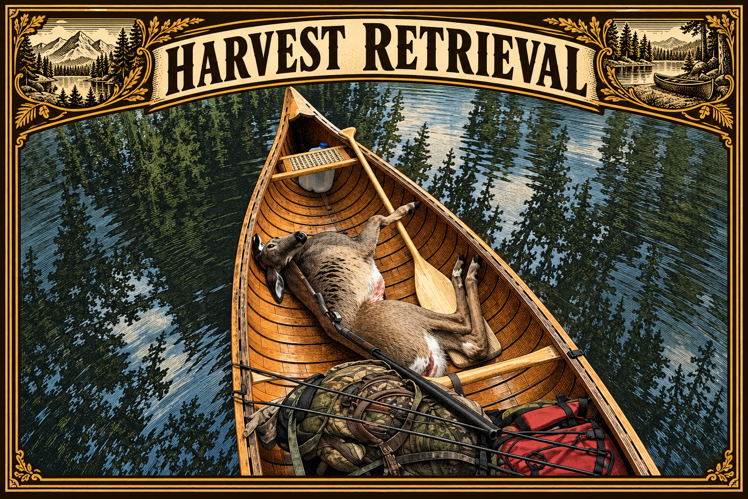 Painted overhead view in a brown-and-gold engraved frame titled Harvest Retrieval: a harvested deer lies low and centred in a wooden canoe with packs stowed fore and aft on dark water.